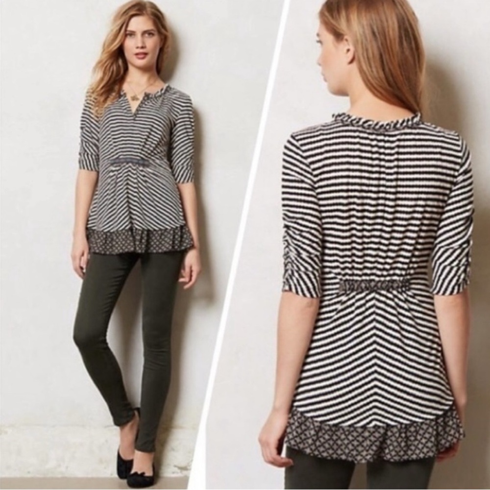 Anthropologie Boho Cinched Ruched One September Small Stripe Short Sleeve Top